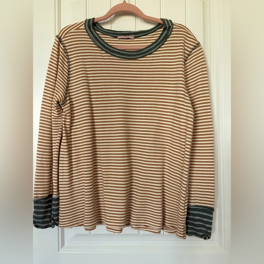 Ces Femme striped ribbed thermal long sleeve t shirt. Raw hem green mustard